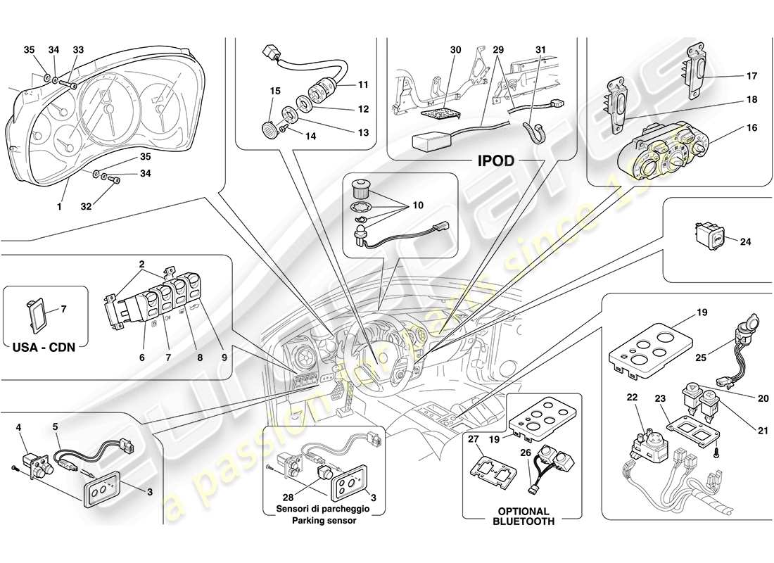 ferrari f430 coupe (europe) dashboard and tunnel instruments parts diagram