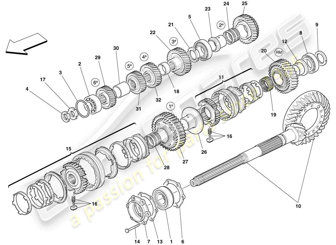 ferrari 599 gtb fiorano (usa) secondary gearbox shaft gears part diagram
