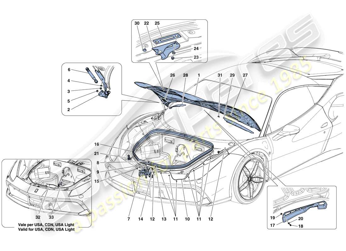 ferrari 488 gtb (usa) front lid and opening mechanism parts diagram