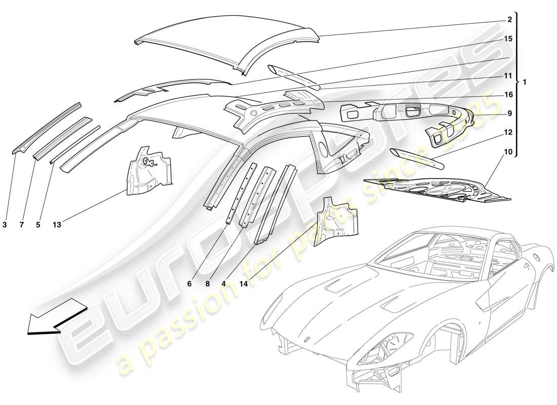 ferrari 599 gtb fiorano (rhd) bodyshell - roof part diagram