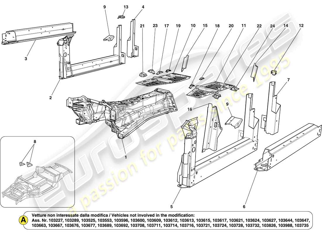 ferrari california (rhd) centre structures and chassis box sections part diagram