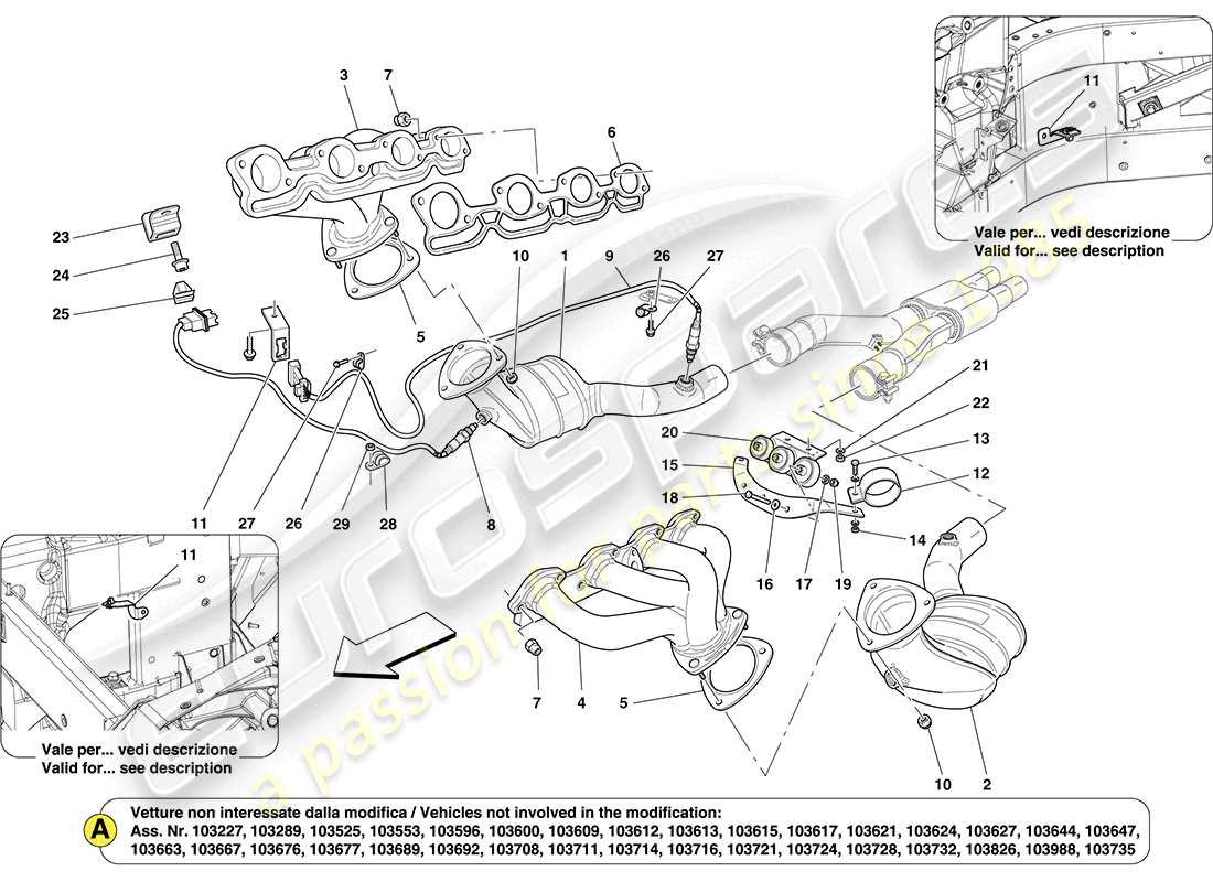 ferrari california (rhd) pre-catalytic converters and catalytic converters part diagram