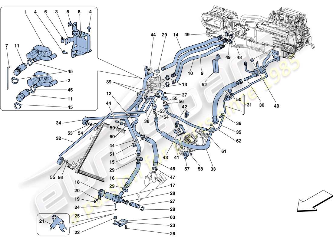 ferrari ff (europe) ac system - water and freon parts diagram