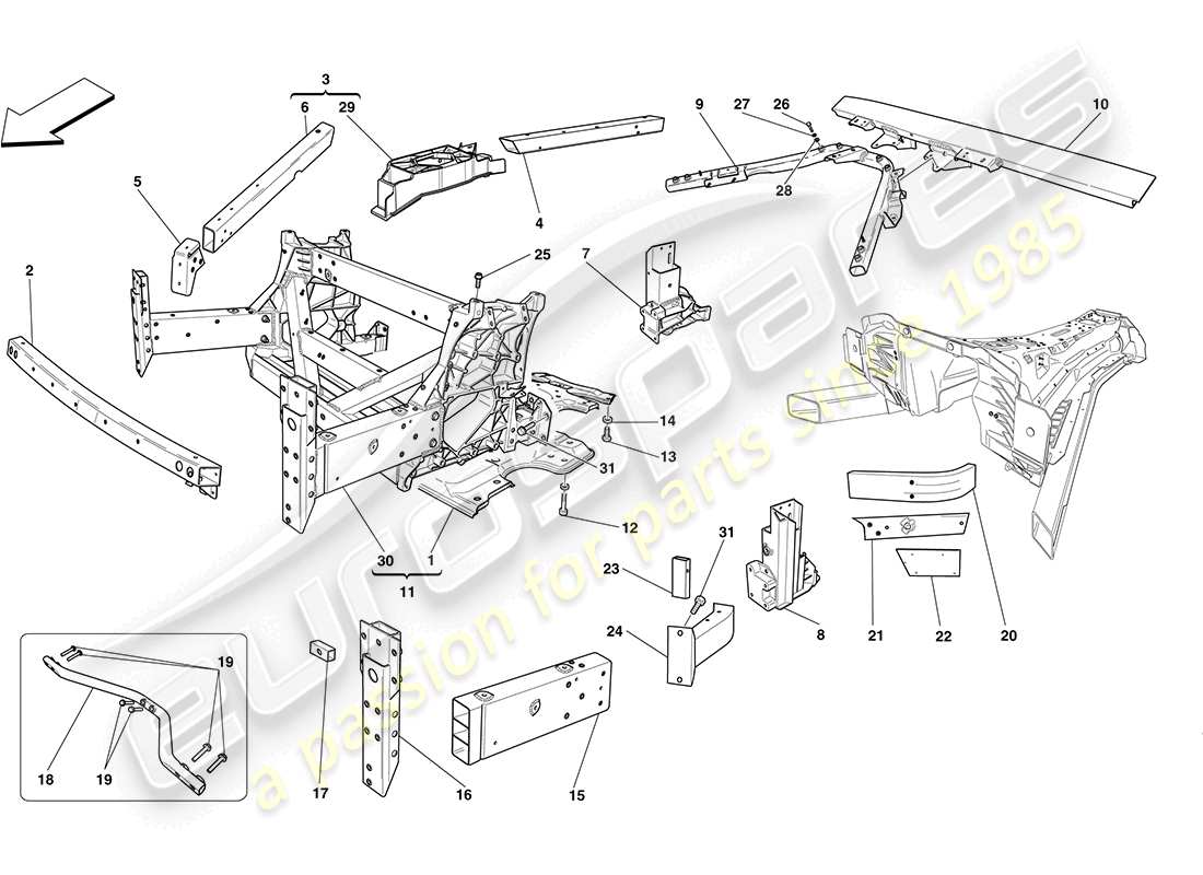 ferrari california (rhd) front structures and chassis box sections part diagram