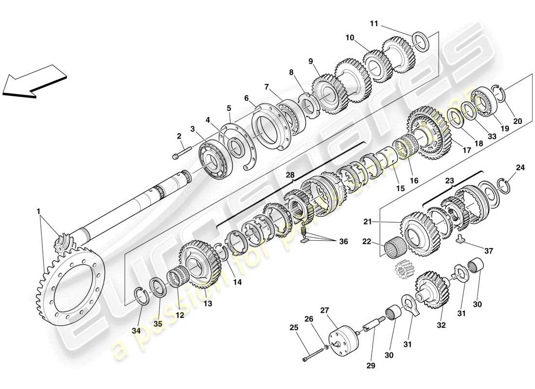 ferrari f430 scuderia spider 16m (rhd) secondary shaft gears parts diagram