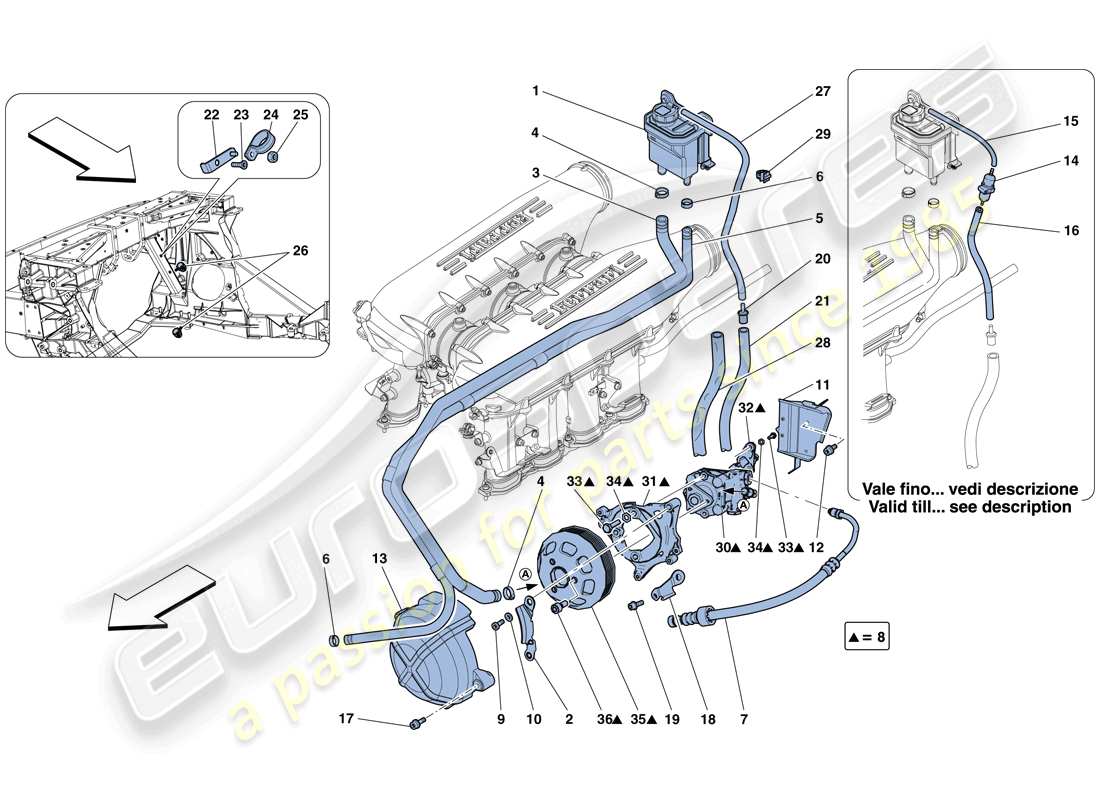 ferrari 458 spider (rhd) power steering pump and reservoir parts diagram