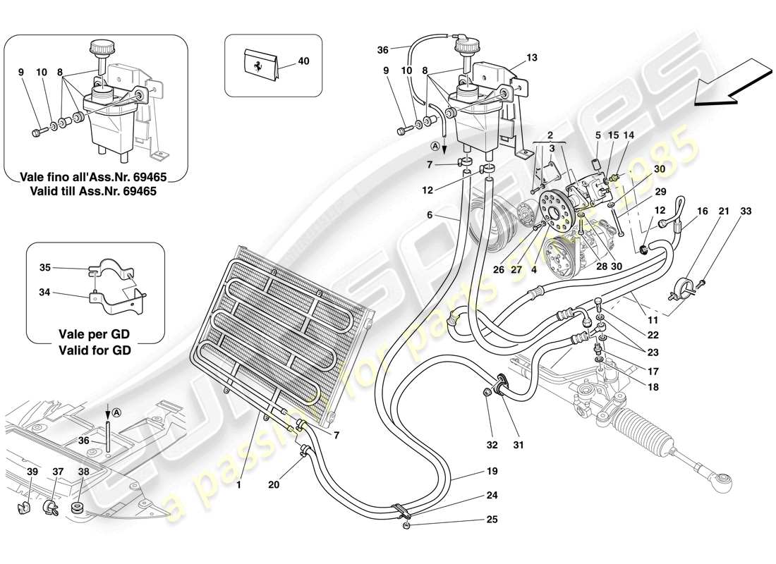 ferrari 599 gtb fiorano (rhd) hydraulic fluid reservoir, pump and coil for power steering system part diagram