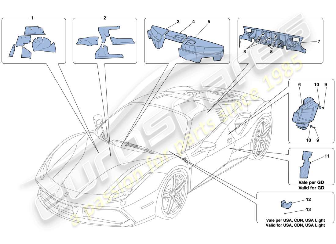 ferrari 488 spider (rhd) insulation parts diagram