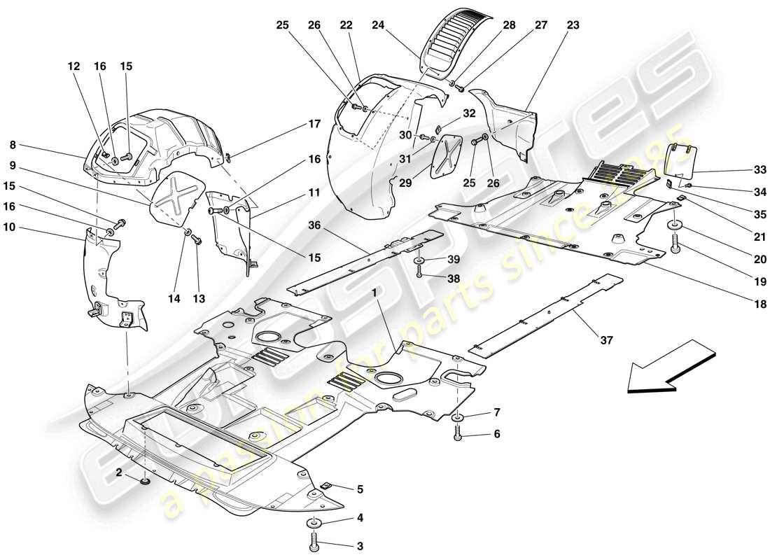 ferrari 599 gtb fiorano (rhd) flat undertray and wheelhouses parts diagram