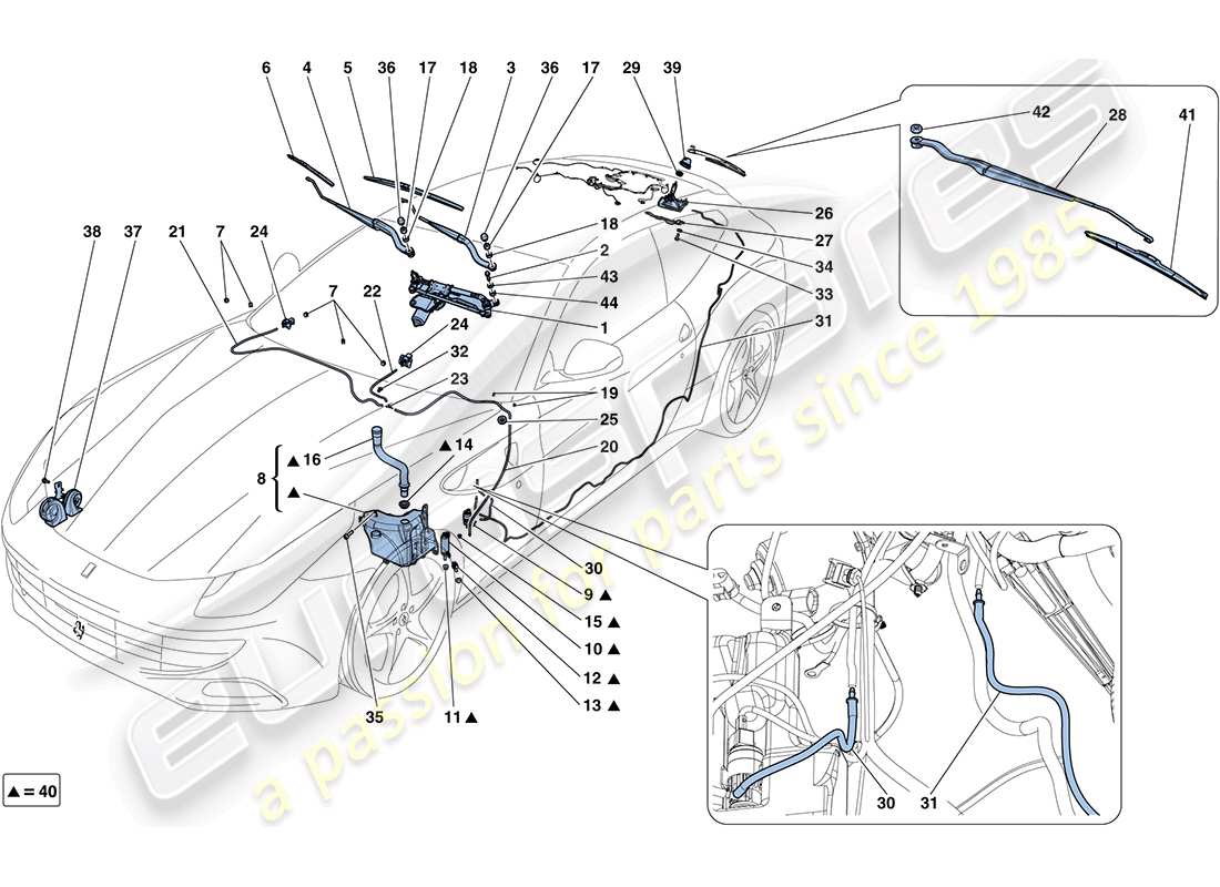 ferrari ff (europe) windscreen wiper, windscreen washer and horns part diagram