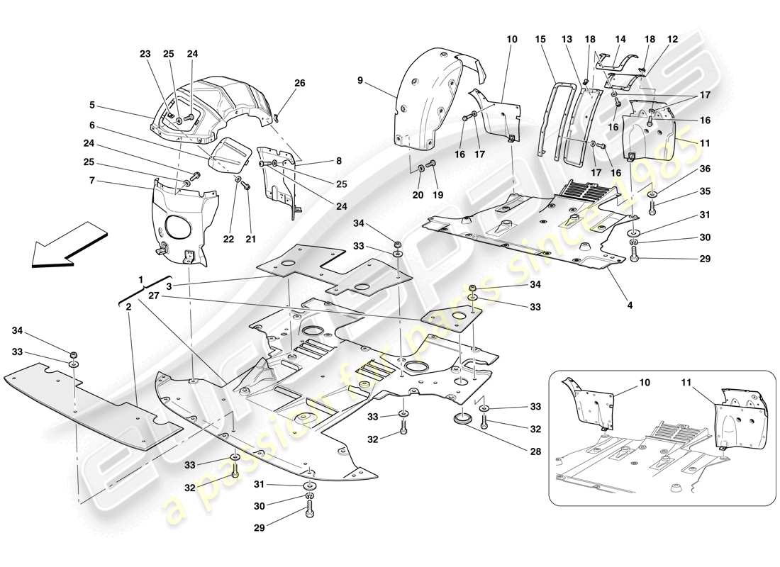 ferrari 612 scaglietti (usa) flat undertray and wheelhouses parts diagram