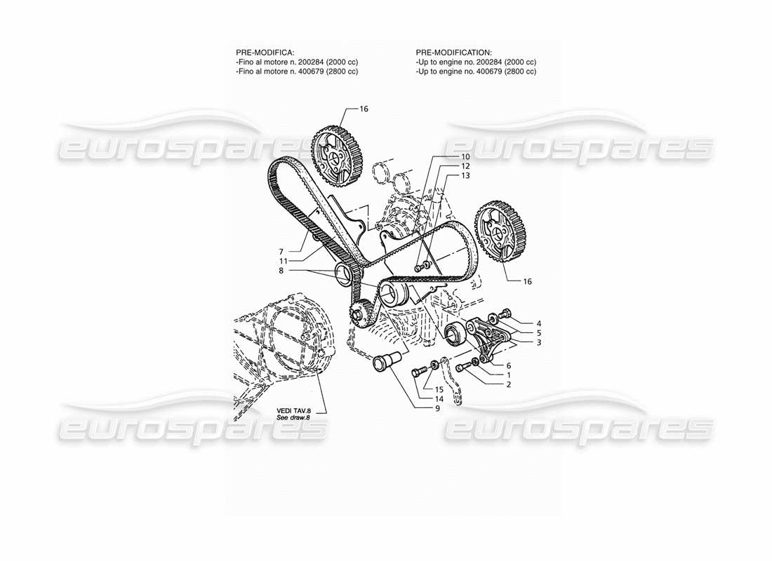 maserati qtp. 3.2 v8 (1999) timing control (pre modification) part diagram