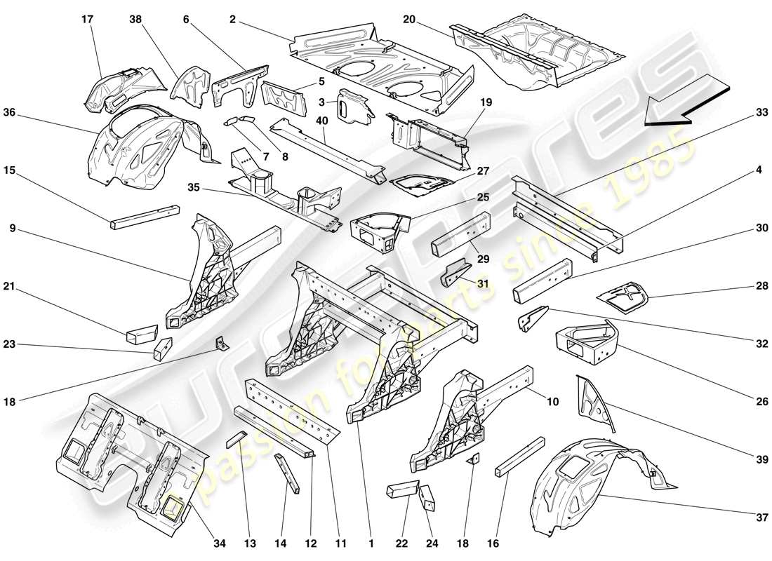 ferrari 599 gtb fiorano (rhd) structures and elements, rear of vehicle part diagram