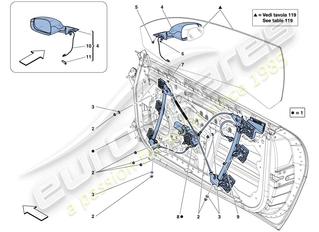 ferrari gtc4 lusso (usa) doors - power window and rear view mirror parts diagram