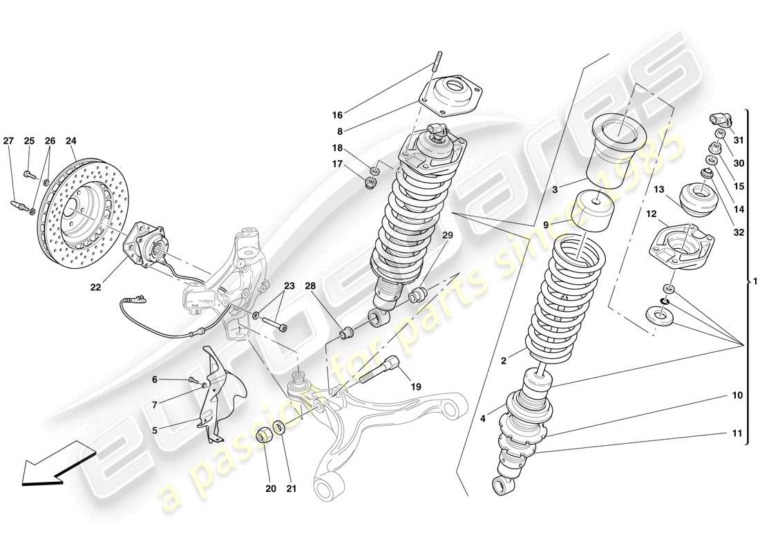 ferrari 599 sa aperta (europe) front suspension - shock absorber and brake disc parts diagram