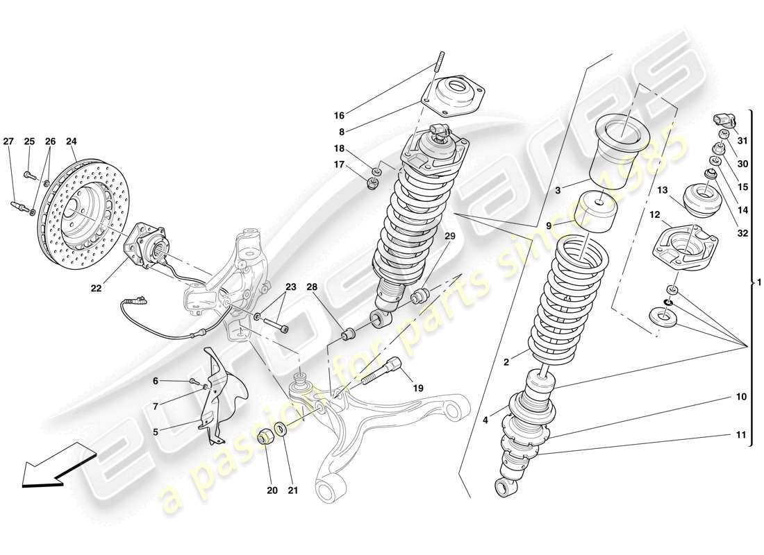 ferrari 599 sa aperta (europe) front suspension - shock absorber and brake disc part diagram