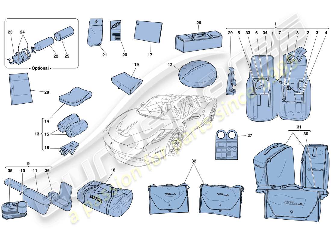 ferrari 458 speciale aperta (usa) tools and accessories provided with vehicle part diagram