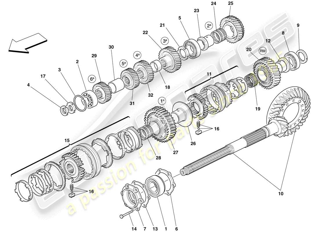 ferrari 612 scaglietti (usa) secondary gearbox shaft gears part diagram