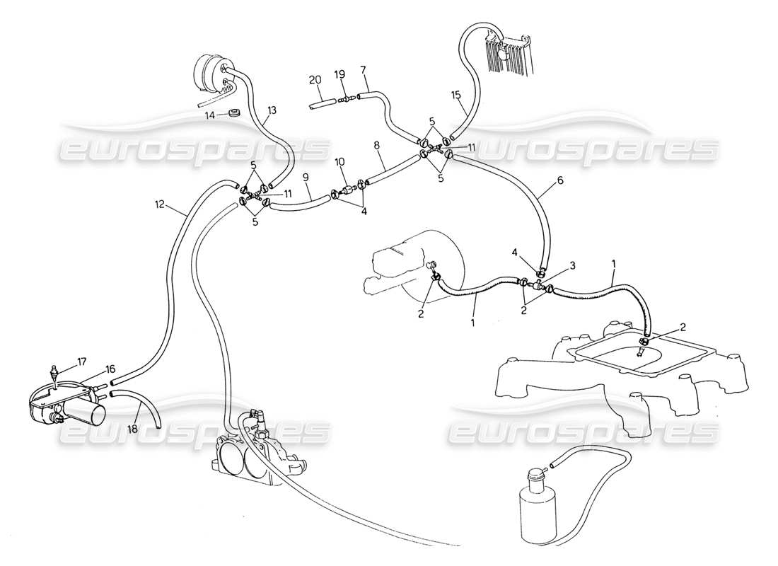 maserati 222 / 222e biturbo evaporation system (rh steering with lambda feeler) part diagram