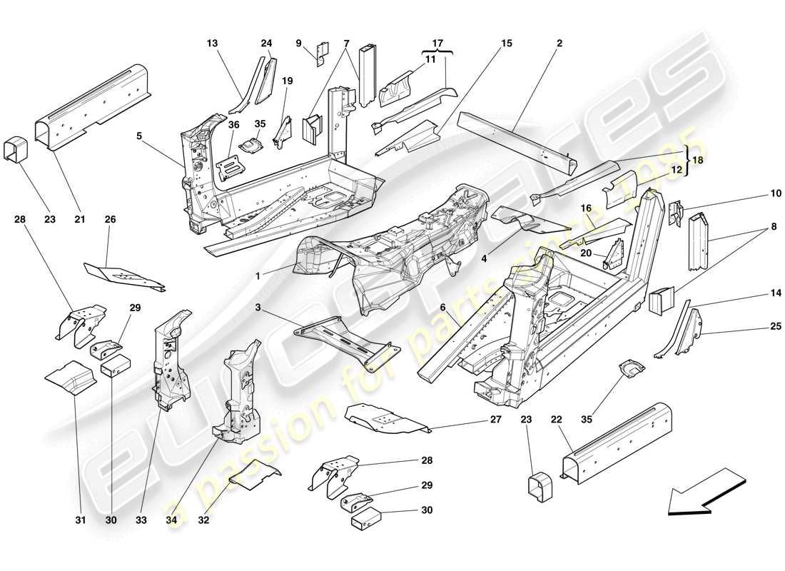 ferrari 599 sa aperta (rhd) structures and elements, centre of vehicle part diagram