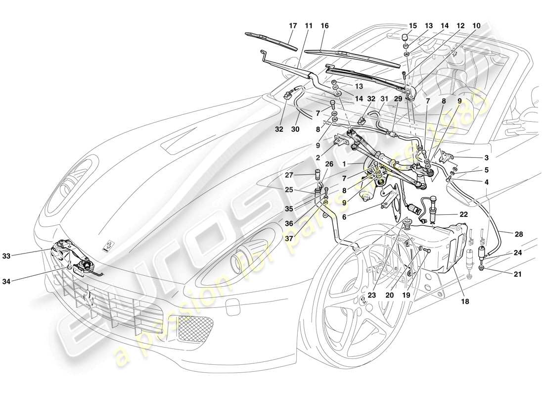 ferrari 599 sa aperta (europe) windscreen wiper, windscreen washer and horns part diagram