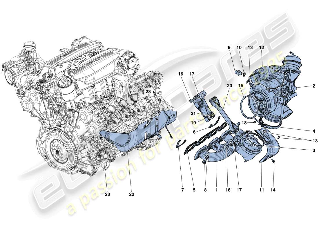 ferrari 488 spider (rhd) manifolds, turbocharging system and pipes part diagram