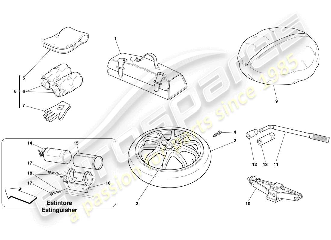 ferrari 612 scaglietti (rhd) spare wheel and accessories parts diagram