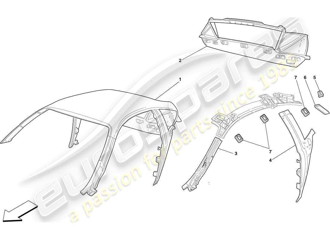 ferrari f430 coupe (rhd) roof - structure parts diagram