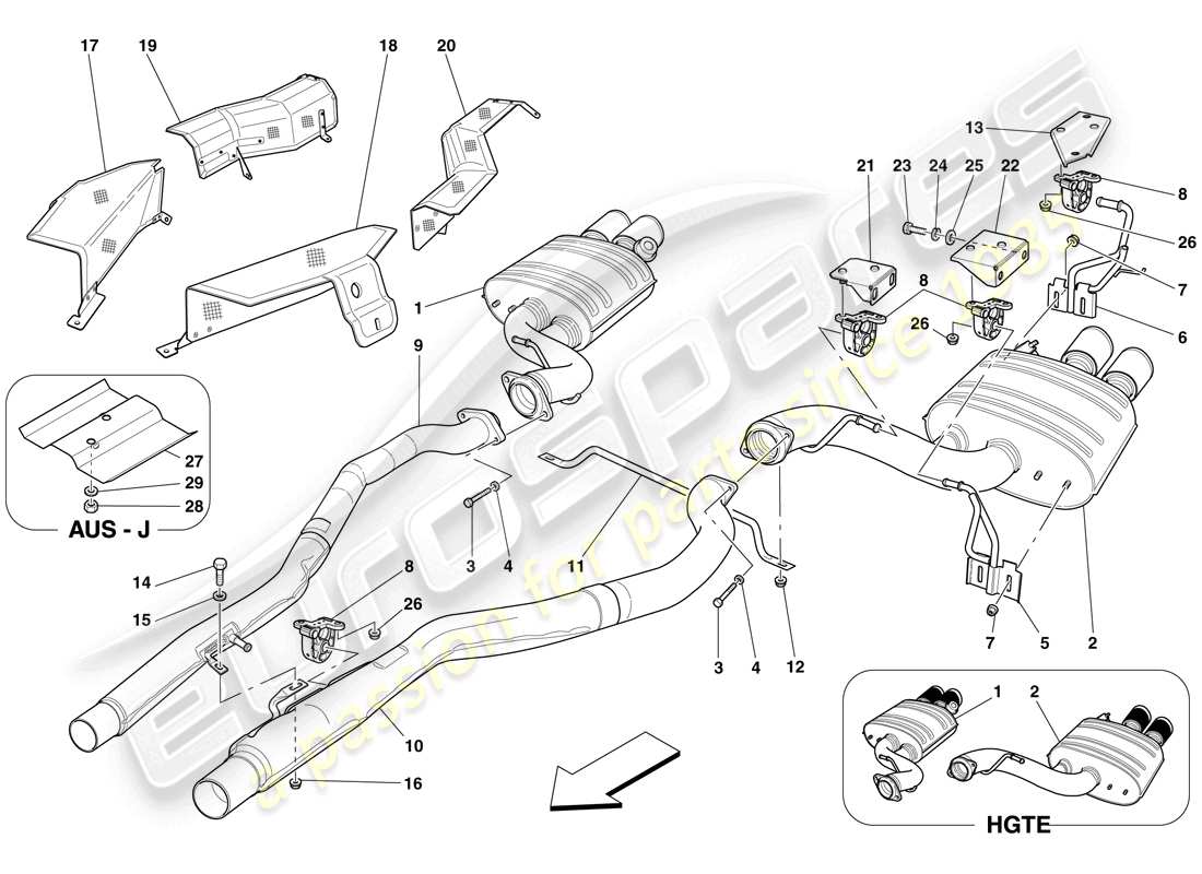 ferrari 599 gtb fiorano (rhd) rear exhaust system part diagram