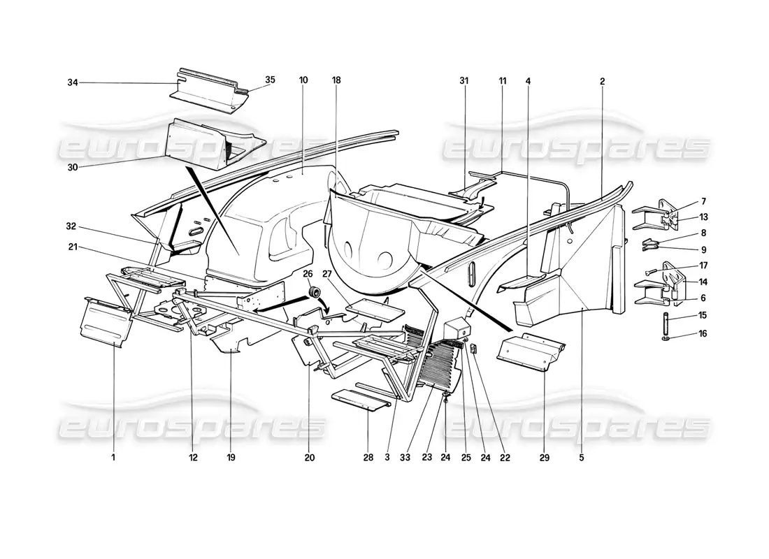 ferrari mondial 8 (1981) body shell - inner elements parts diagram