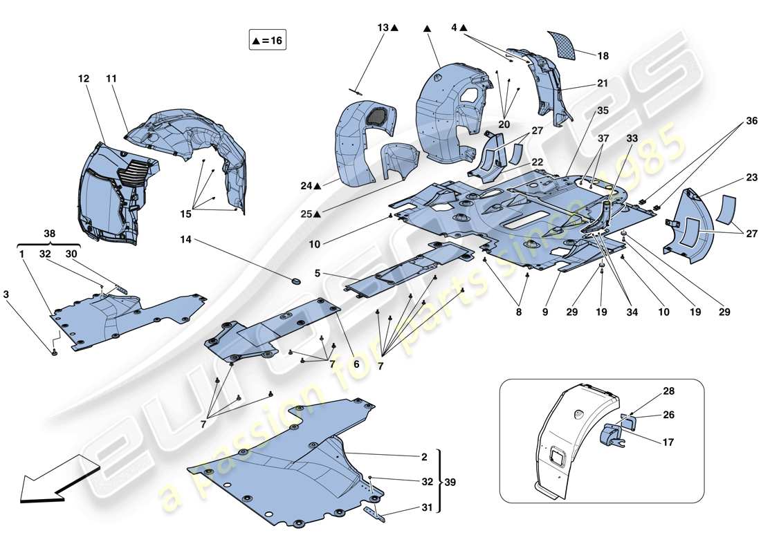 ferrari 458 speciale aperta (europe) flat undertray and wheelhouses parts diagram