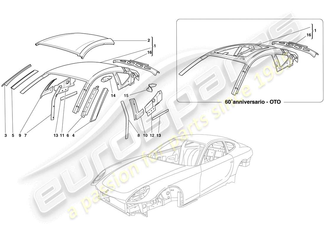 ferrari 612 scaglietti (rhd) bodyshell - roof parts diagram