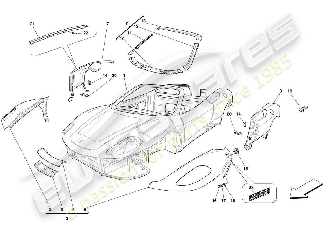 ferrari f430 scuderia spider 16m (rhd) bodyshell - exterior trim parts diagram