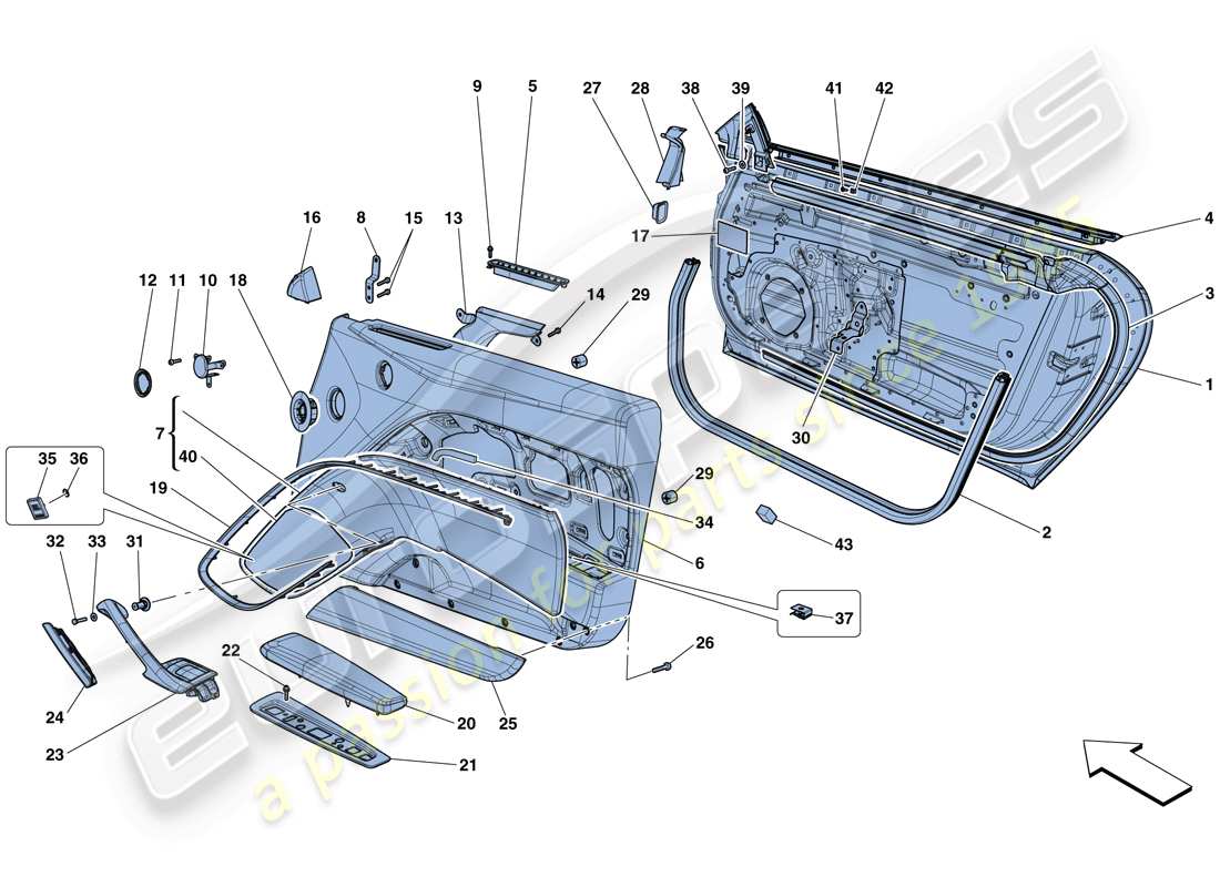 ferrari f12 berlinetta (rhd) doors - substructure and trim parts diagram
