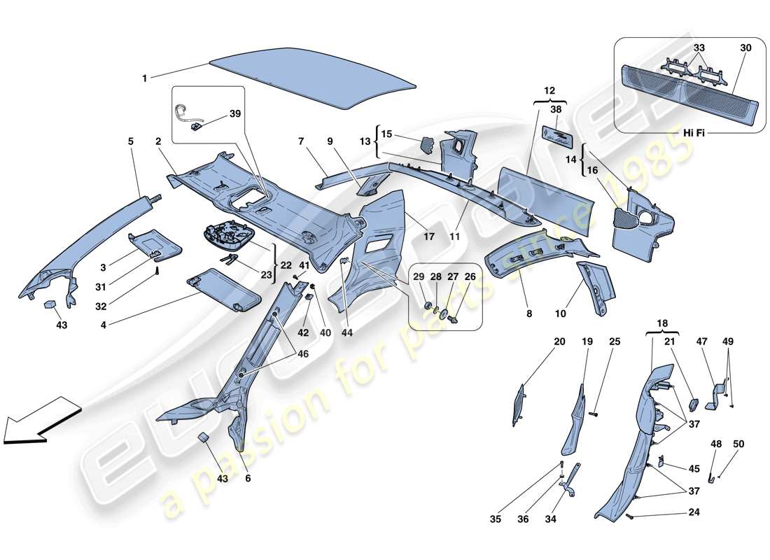 ferrari 458 italia (usa) headliner trim and accessories part diagram