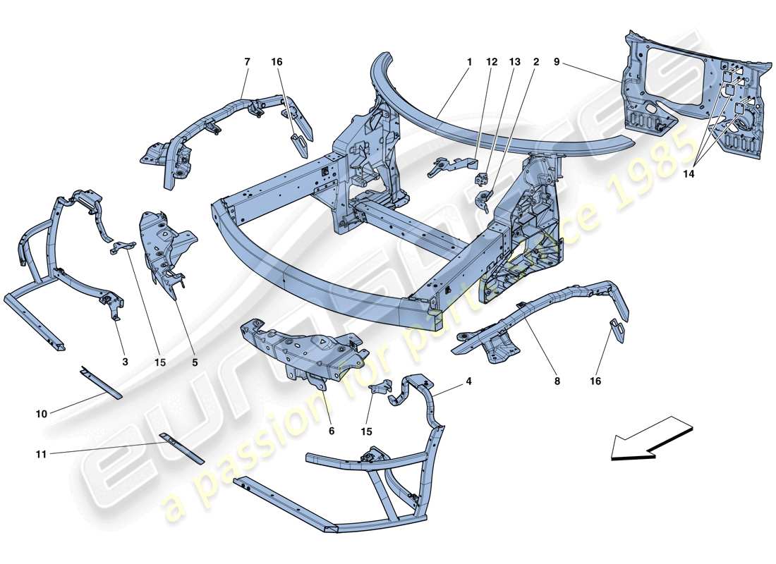 ferrari 458 speciale (rhd) chassis - complete front structure and panels parts diagram