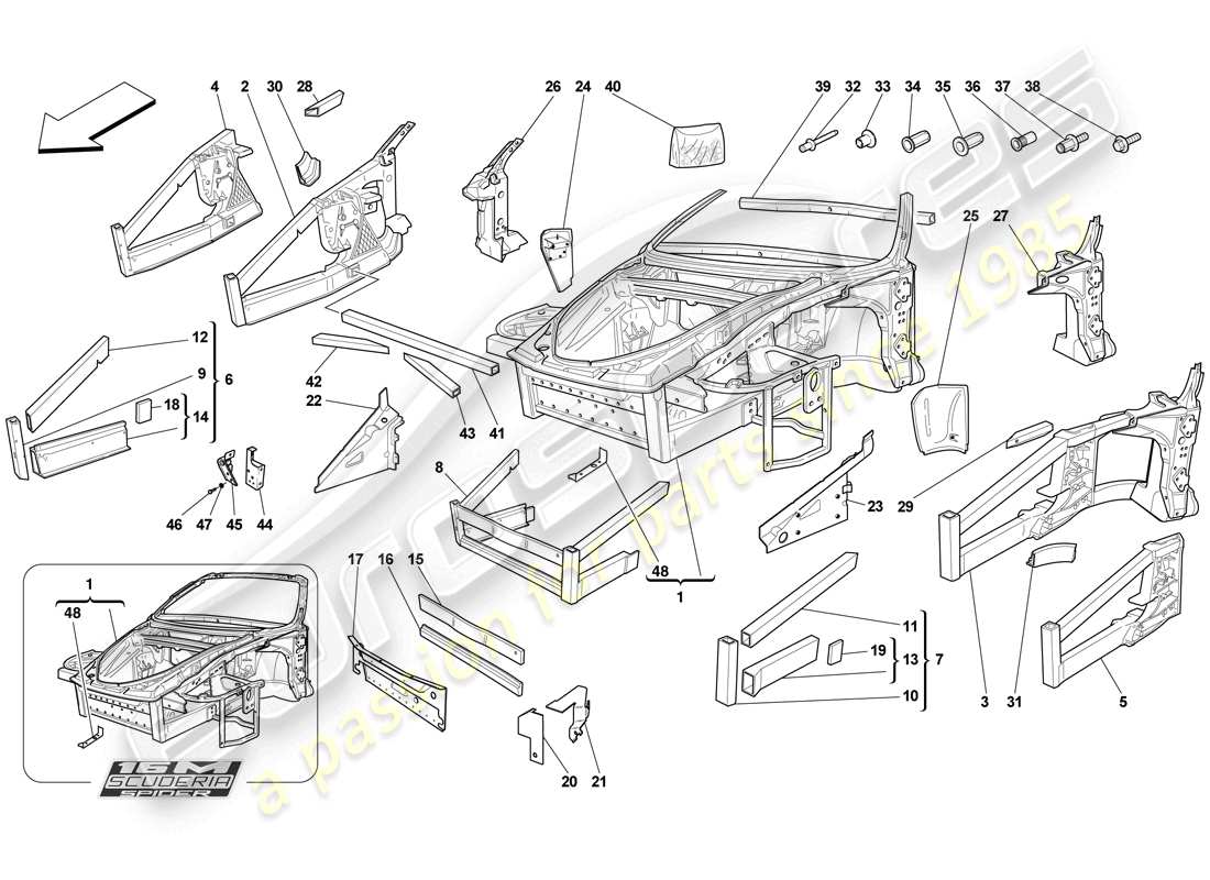 ferrari f430 scuderia (usa) chassis - structure, front elements and panels parts diagram