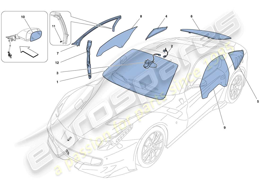 ferrari f12 tdf (rhd) screens, windows and seals parts diagram