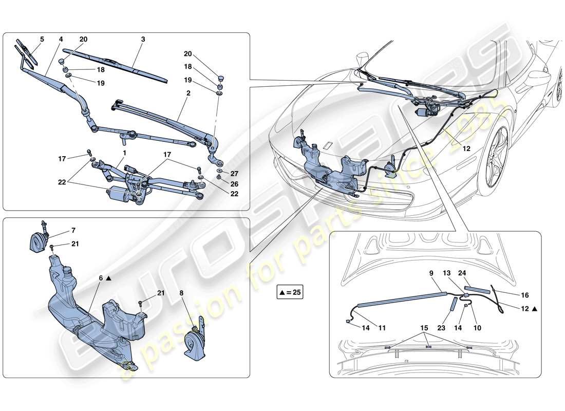 ferrari 458 italia (rhd) windscreen wiper, windscreen washer and horns part diagram