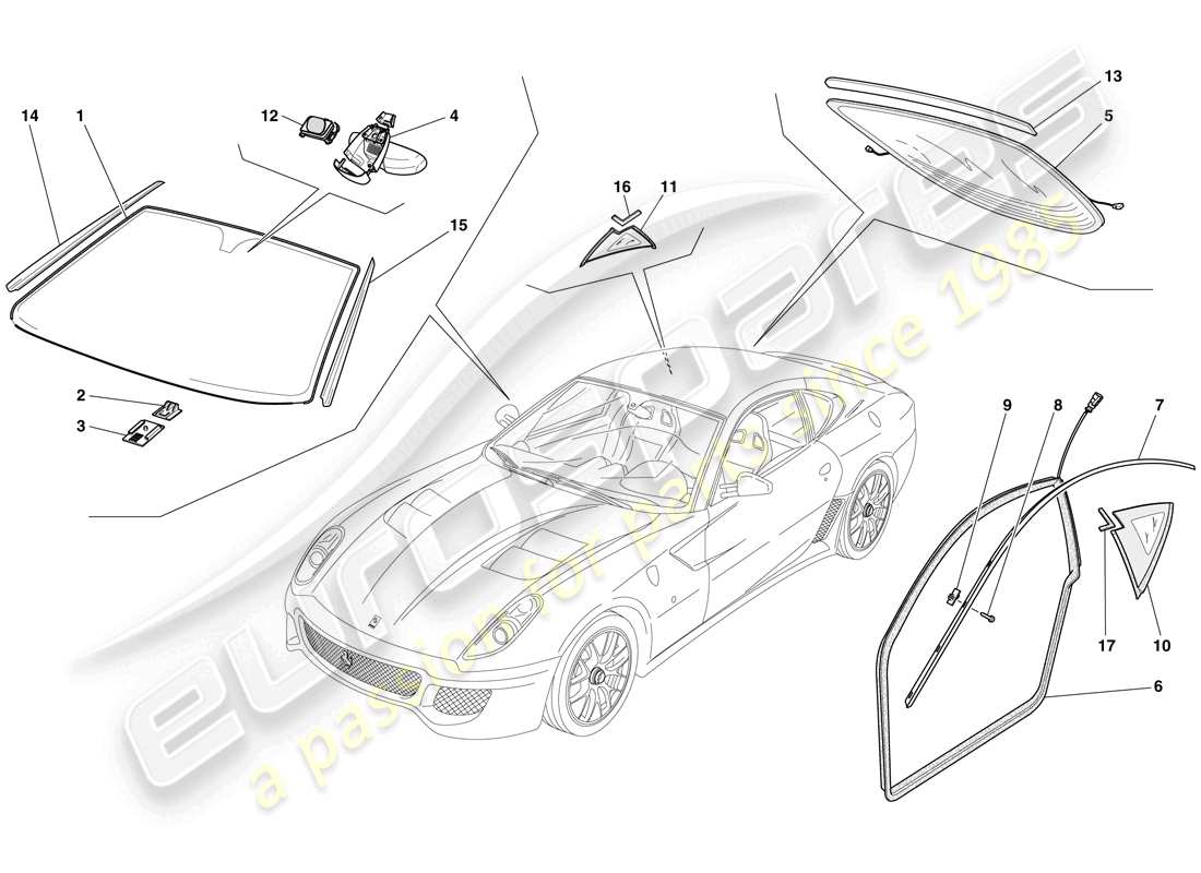 ferrari 599 gto (usa) screens, windows and seals parts diagram