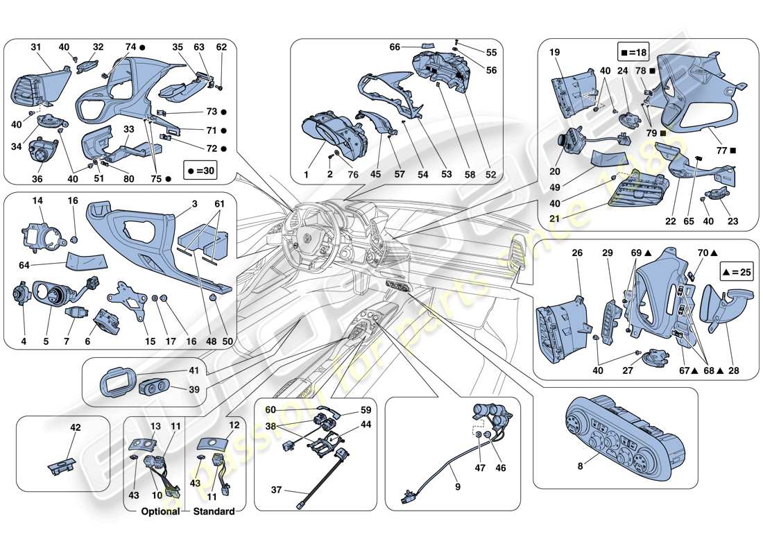 ferrari 458 italia (rhd) dashboard and tunnel instruments part diagram