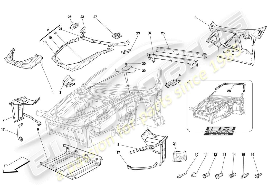 ferrari f430 scuderia spider 16m (europe) chassis - complete front structure and panels part diagram