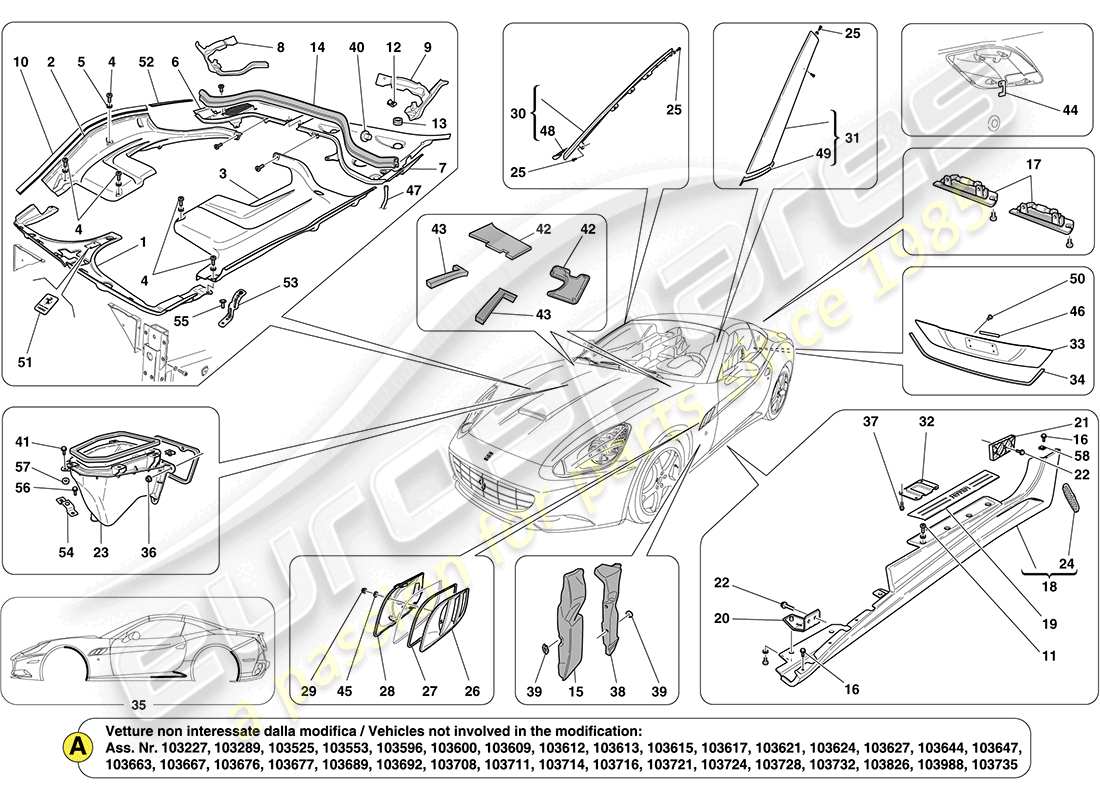 ferrari california (europe) shields, trim and covers parts diagram