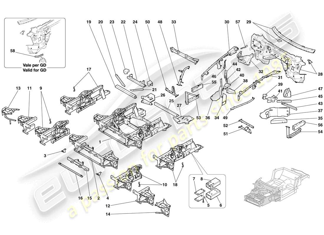 ferrari 612 scaglietti (rhd) structures and elements, front of vehicle parts diagram