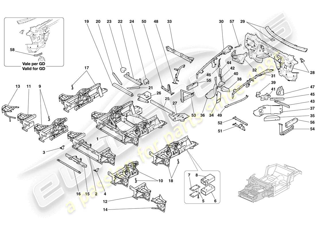 ferrari 612 scaglietti (rhd) structures and elements, front of vehicle part diagram