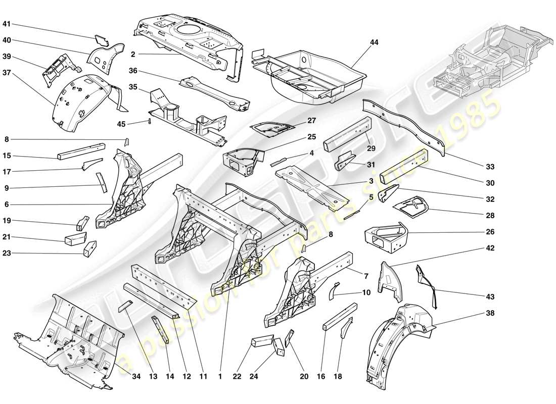 ferrari 612 scaglietti (rhd) structures and elements, rear of vehicle part diagram