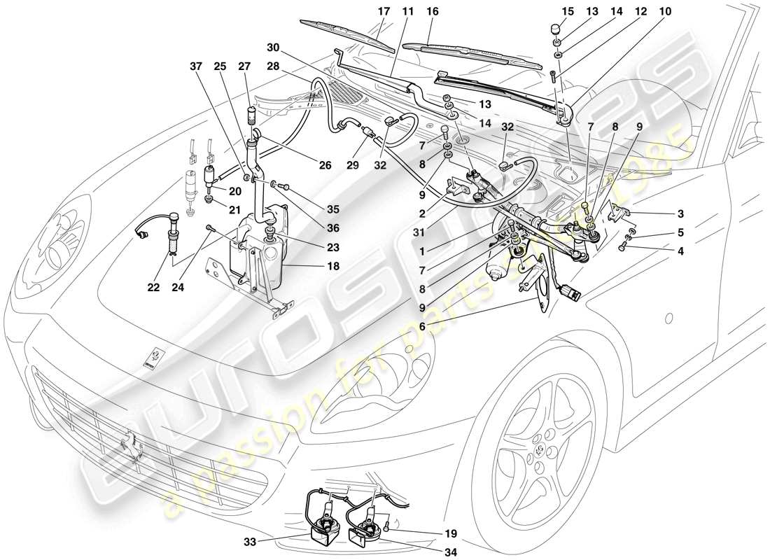ferrari 612 scaglietti (rhd) windscreen wiper, windscreen washer and horns parts diagram