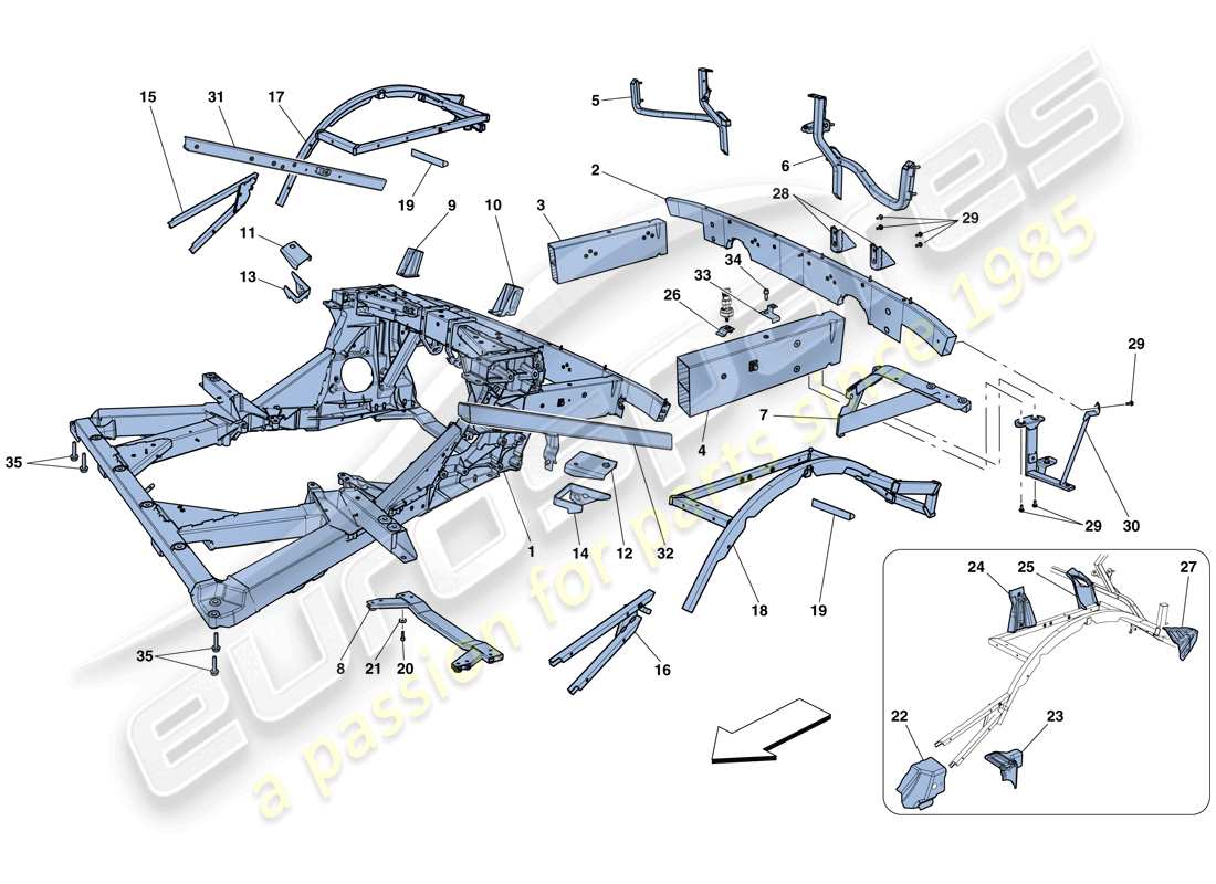 ferrari 458 speciale (rhd) chassis - structure, rear elements and panels parts diagram