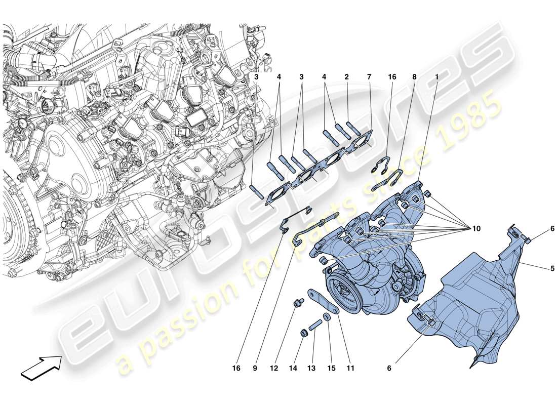 ferrari gtc4 lusso t (europe) manifolds, turbocharging system and pipes part diagram