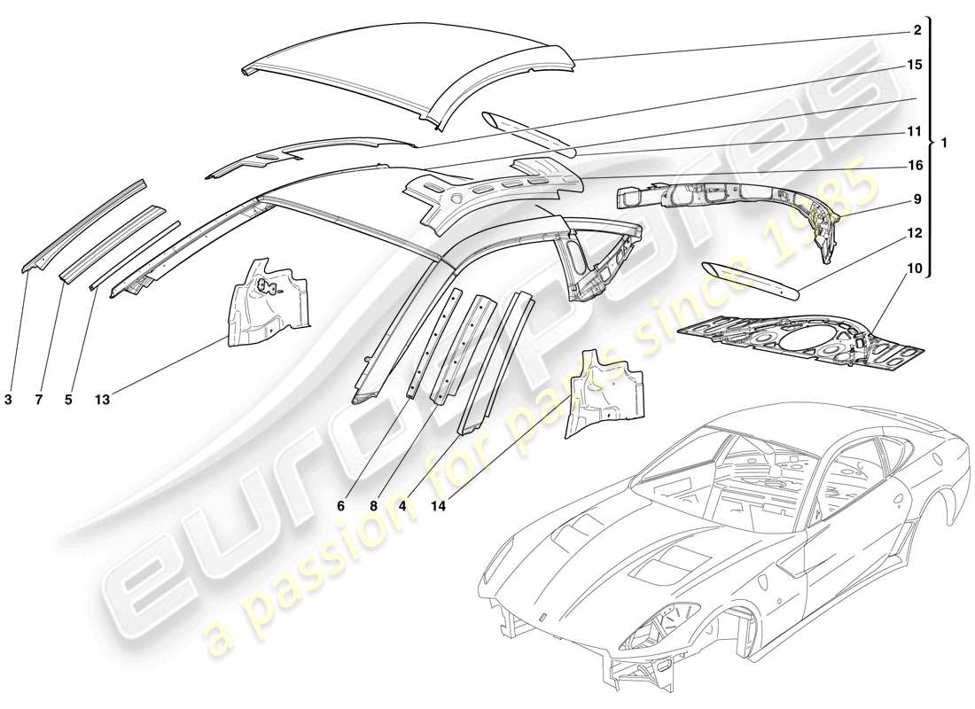 ferrari 599 gto (europe) bodyshell - roof part diagram